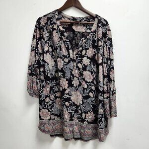 Lucky Brand Womens Plus 3/4 Sleeve Tunic Top Size 3X Black Paisley Floral